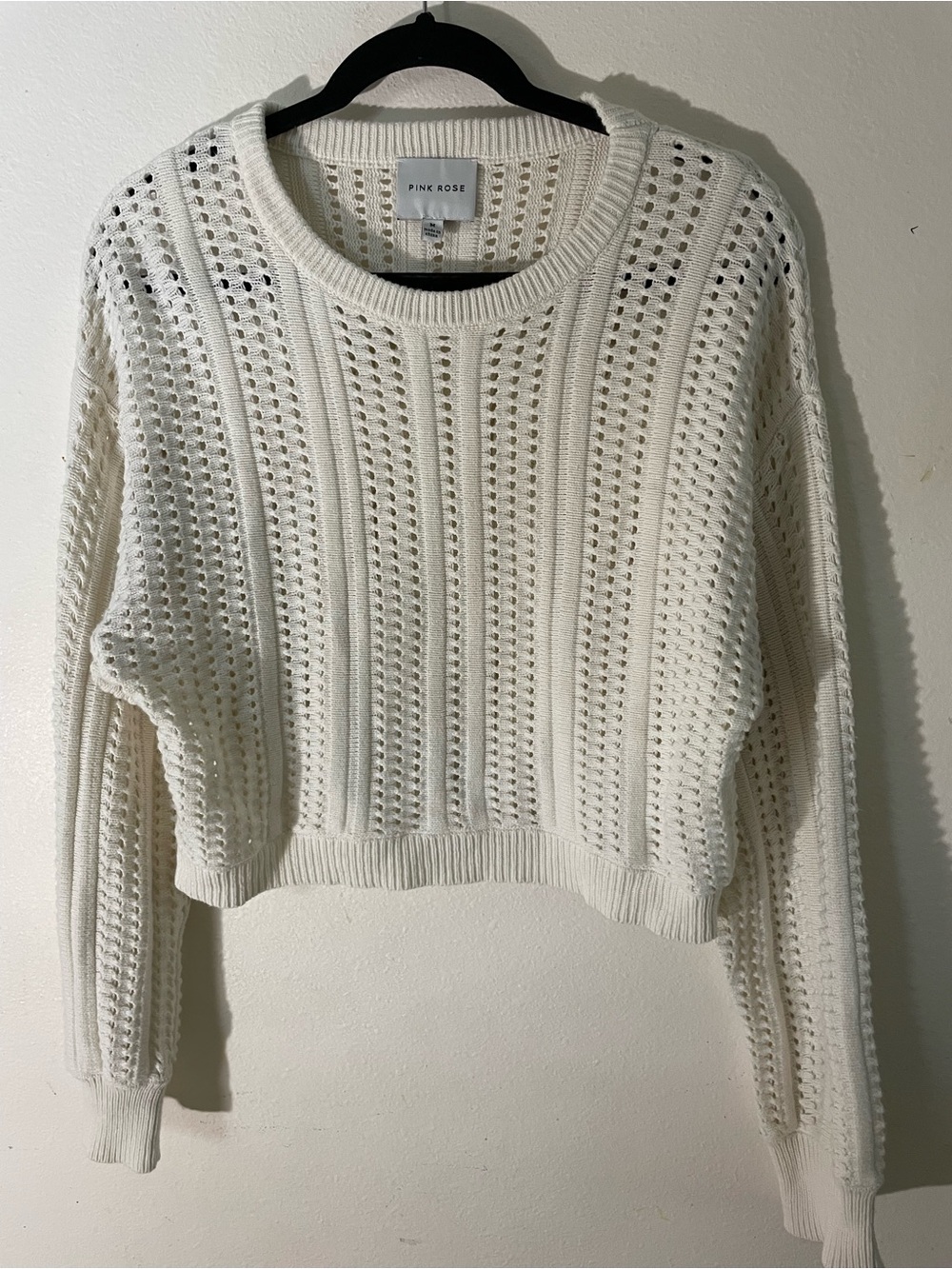 Pink Rose Cream Open-Weave Crewneck Sweater